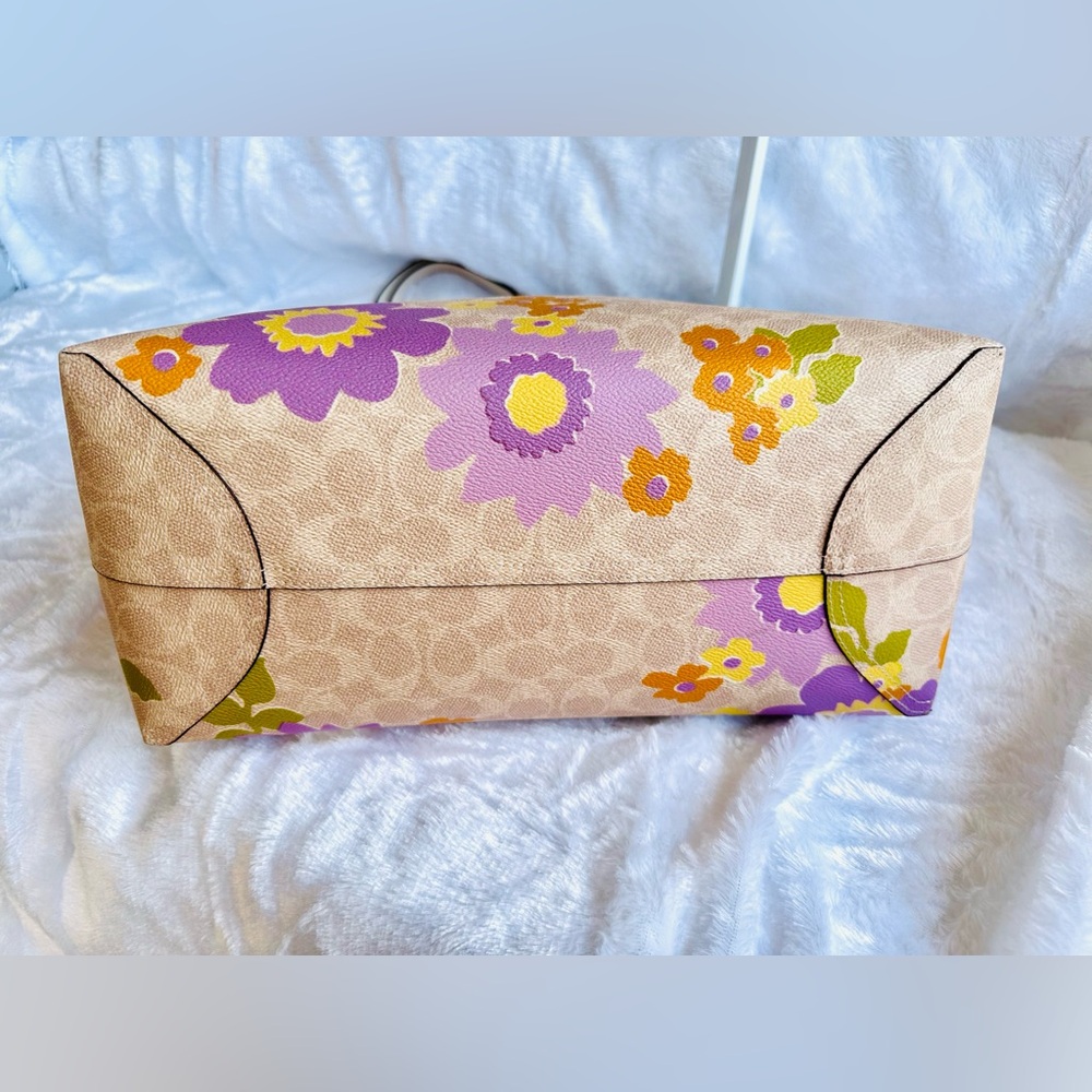 Coach Beige Floral Canvas Tote with Purple and Yellow Flowers - Picture 7 of 10